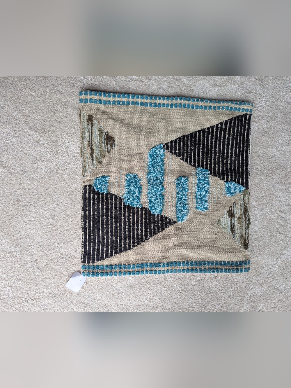 Beige Cushion Cover with Teal & Black Geometric Accents - Nwt